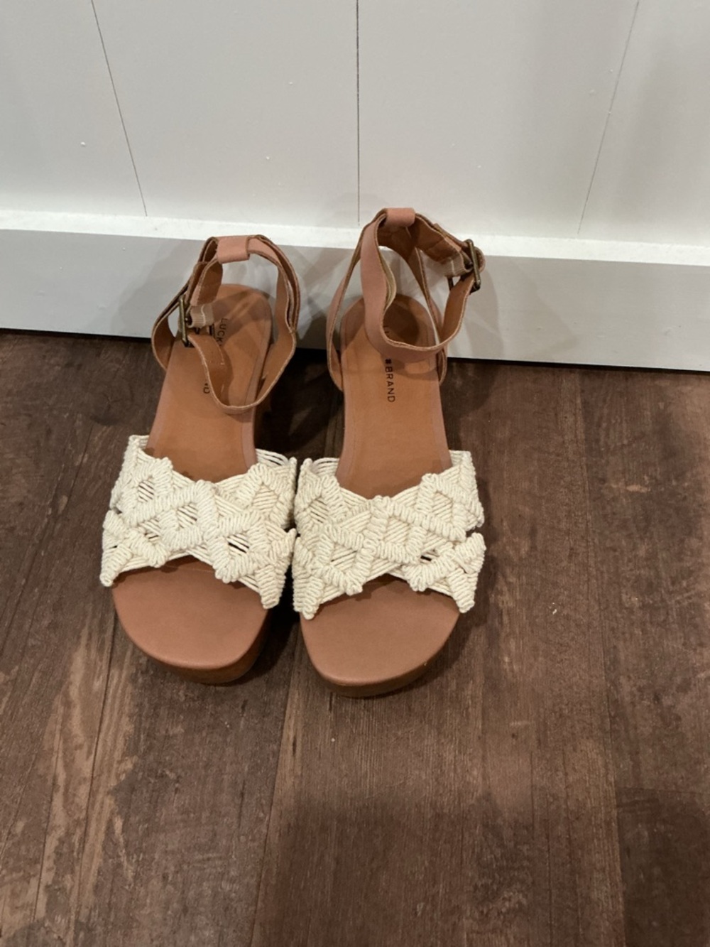 Lucky Brand Cream Macramé and Tan Ankle-Strap Sandals